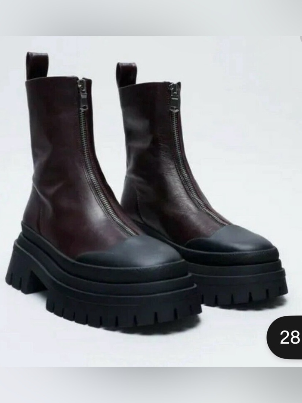 Zara Burgundy Leather Front-Zip Boots with Black Lug Soles